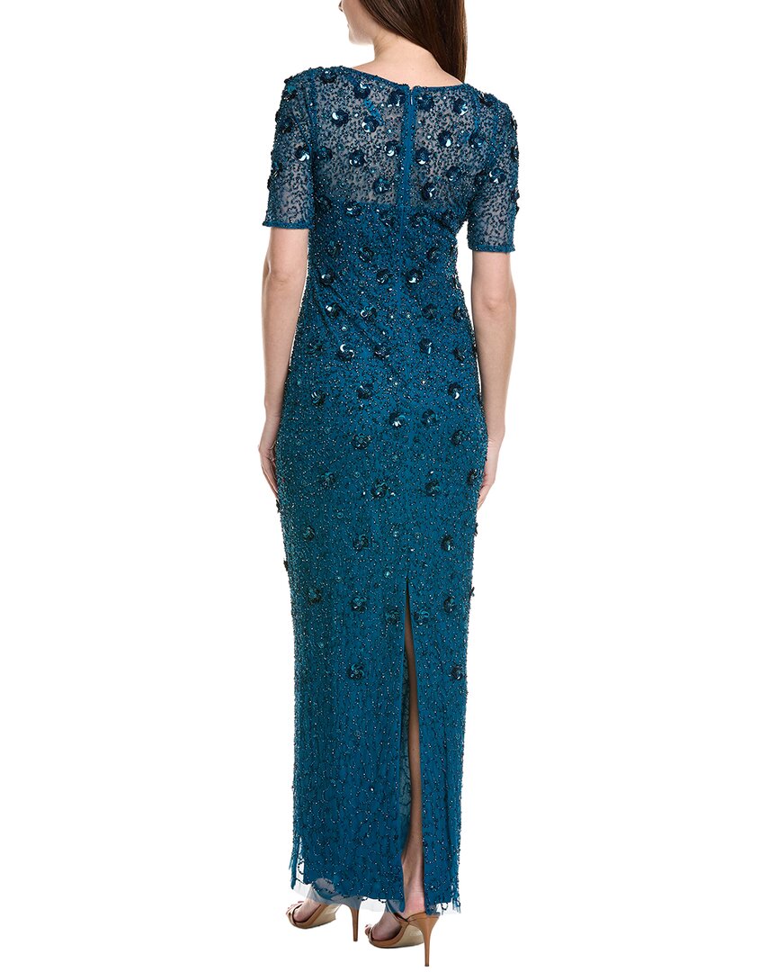 adrianna papell teal lace dress One Shoulder Jacquard Mermaid Gown With Drape Detail In Cobalt Teal