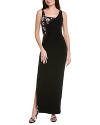 Adrianna Papell Asymmetrical Floral Beaded Jersey Gown