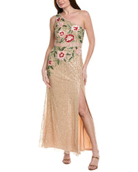 Adrianna Papell One-Shoulder Floral Sequin Bead Gown