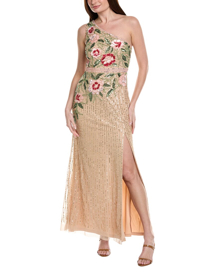 Adrianna Papell One-Shoulder Floral Sequin Bead Gown