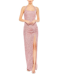 Mac Duggal Sequined Halter Strap Low Side Knot Gown