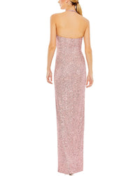 Mac Duggal Sequined Halter Strap Low Side Knot Gown