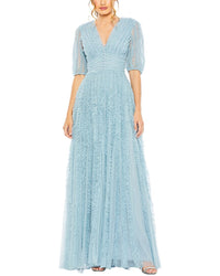 Mac Duggal V Neck Puff Sleeve Ruffle Tiered Mesh A Line Gown