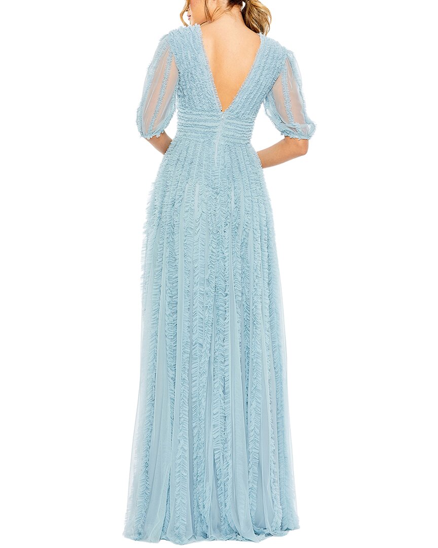 Mac Duggal V Neck Puff Sleeve Ruffle Tiered Mesh A Line Gown