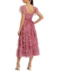 Mac Duggal Dot Net Sequin Ruffle Sweetheart Neck Midi Dress