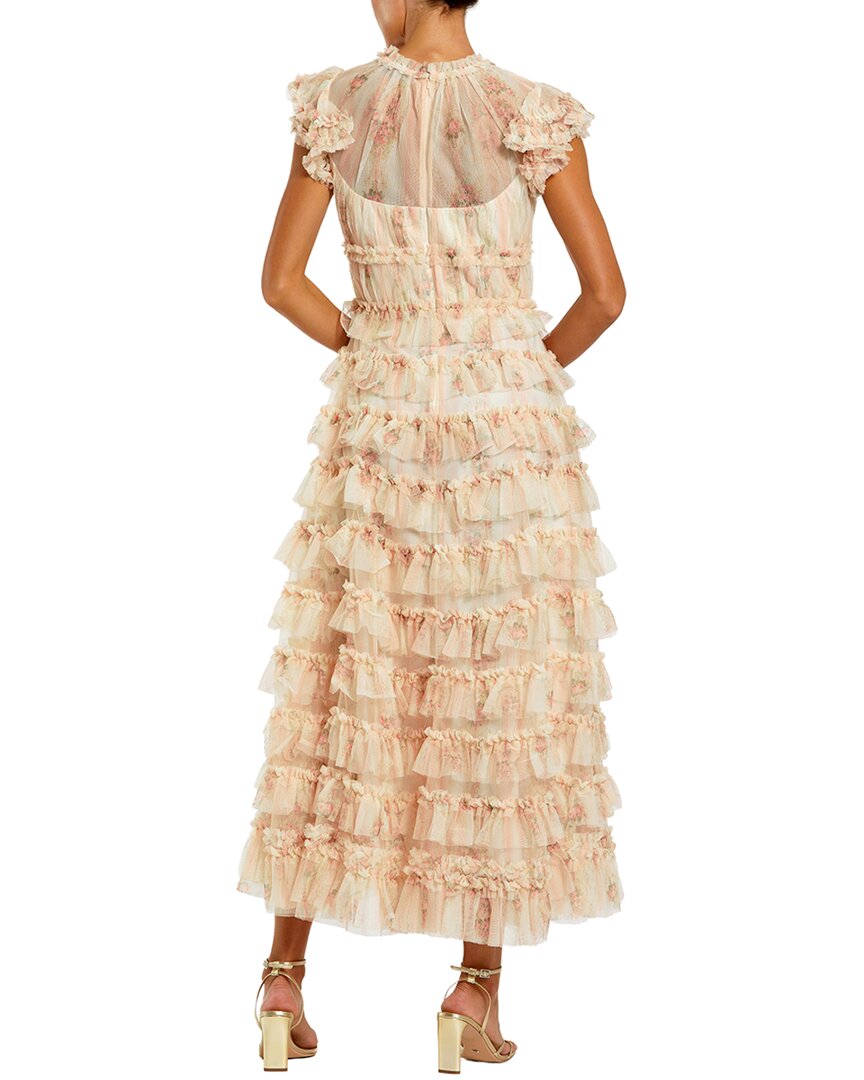 mac duggal short dresses Mac Duggal Women's Printed Mesh Short Sleeve Micro Ruffle Midi Dress