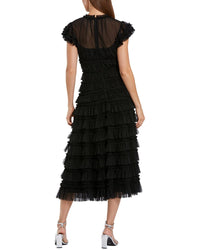 Mac Duggal Mesh Micro Ruffle High Neck Cap Sleeve Midi Dress
