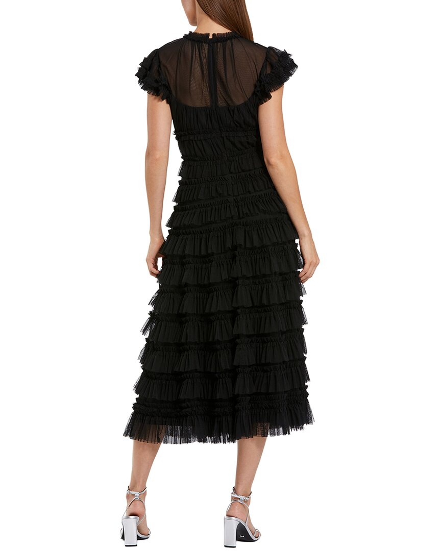 Mac Duggal Mesh Micro Ruffle High Neck Cap Sleeve Midi Dress