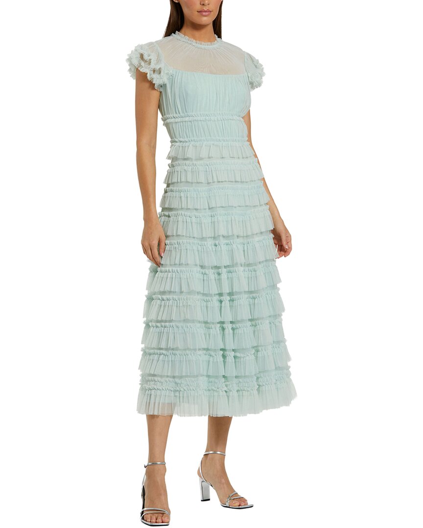 Mac Duggal Mesh Micro Ruffle High Neck Cap Sleeve Midi Dress