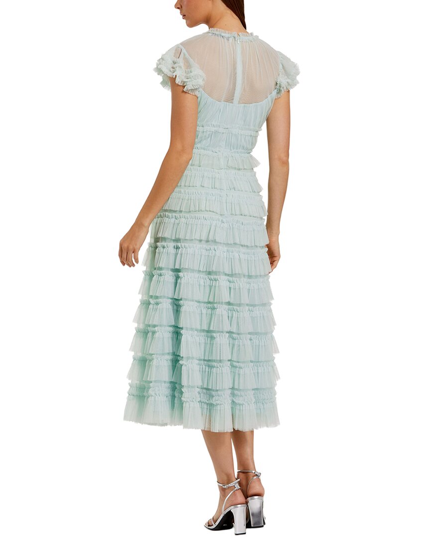 Mac Duggal Mesh Micro Ruffle High Neck Cap Sleeve Midi Dress