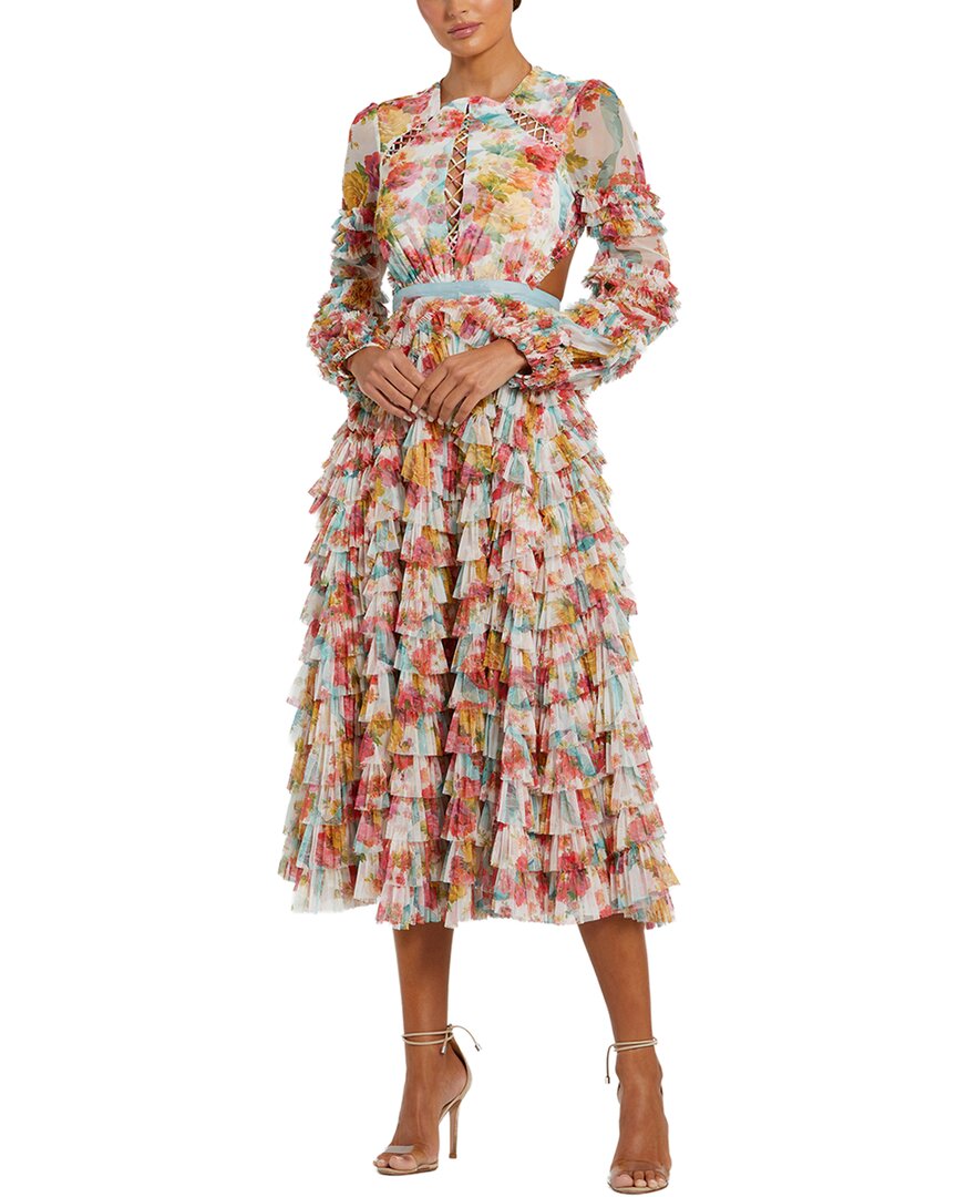Mac Duggal Mesh Long Sleeve Ruffle Criss Cross Midi Dress