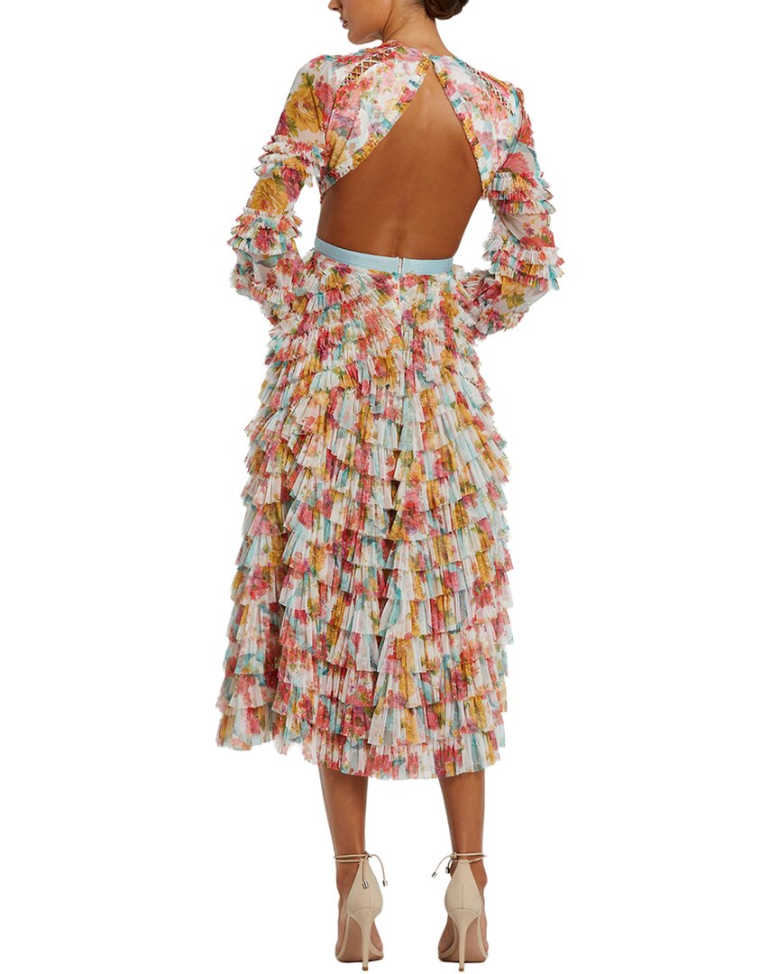 Mac Duggal Mesh Long Sleeve Ruffle Criss Cross Midi Dress