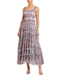 Mac Duggal Floral Mesh Micro Ruffle Maxi Dress