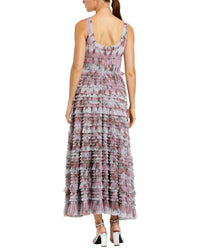 Mac Duggal Floral Mesh Micro Ruffle Maxi Dress