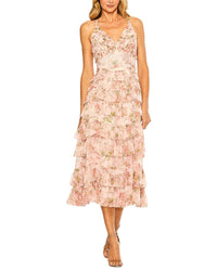 Mac Duggal Sleeveless V-Neck Floral Mesh Ruffle Midi Dress