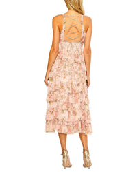 Mac Duggal Sleeveless V-Neck Floral Mesh Ruffle Midi Dress