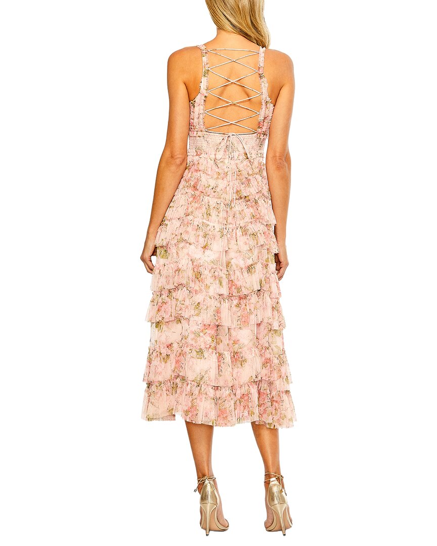 Mac Duggal Sleeveless V-Neck Floral Mesh Ruffle Midi Dress