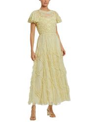 Mac Duggal Flutter Sleeve Mesh Micro Ruffle Maxi Dress