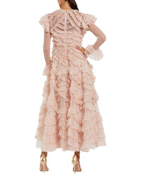 Mac Duggal Dot Net Double Ruffle Trim High Neck Maxi Dress