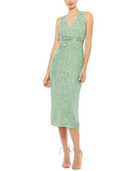 Mac Duggal Sequined Sleeveless V-Neck Midi Sheath Dress
