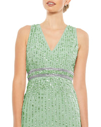 Mac Duggal Sequined Sleeveless V-Neck Midi Sheath Dress