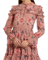 Mac Duggal Long Sleeve Lace Up Front Tiered Ruffle Dress