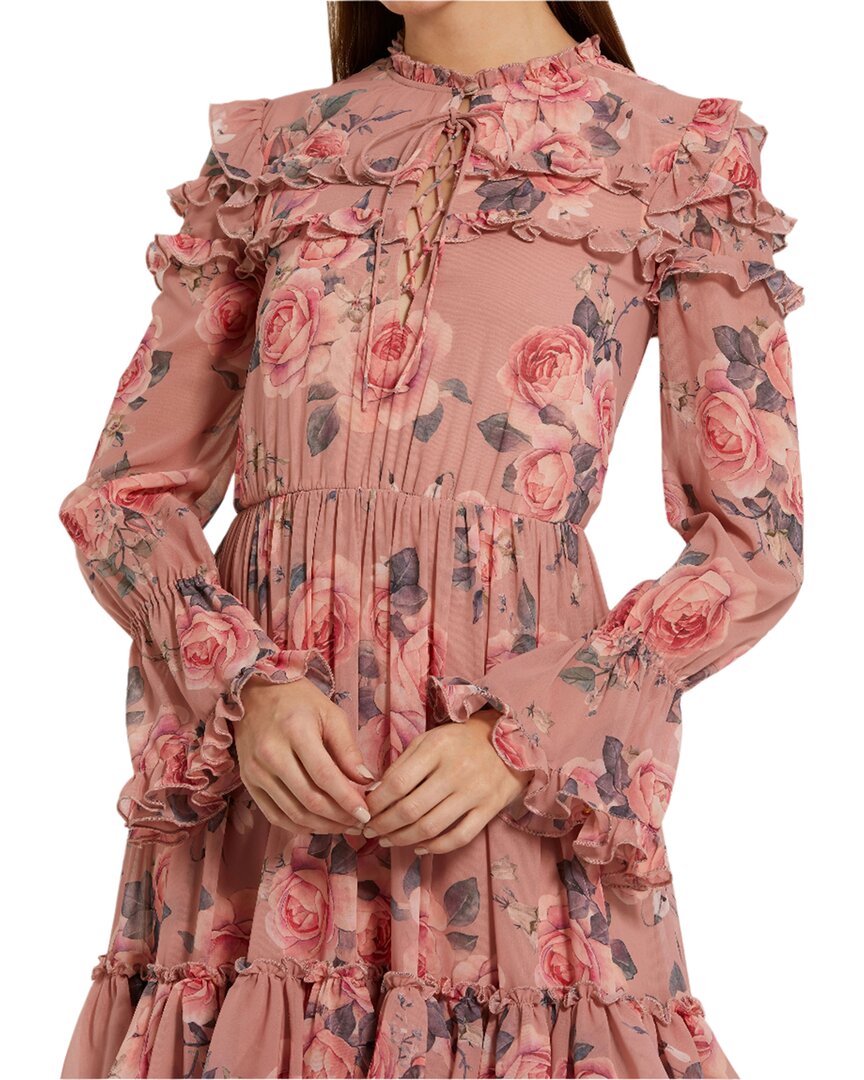 Mac Duggal Long Sleeve Lace Up Front Tiered Ruffle Dress