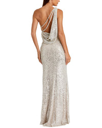 Mac Duggal Sequined One Shoulder Draped Back Gown