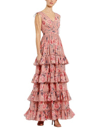 Mac Duggal Drawstring Shoulder Floral Chiffon Tiered Gown