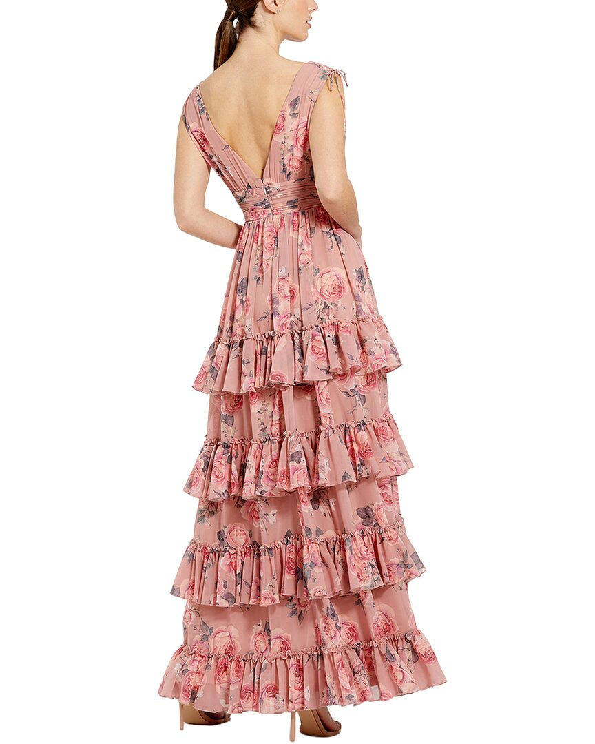 Mac Duggal Drawstring Shoulder Floral Chiffon Tiered Gown
