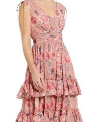 Mac Duggal Drawstring Shoulder Floral Chiffon Tiered Gown