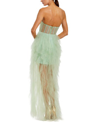 Mac Duggal Strapless Bustier Net Gown With Spiral Ruffles