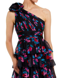 Mac Duggal One Shoulder Printed Chiffon Tiered Ruffle Gown