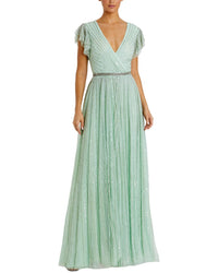 Mac Duggal Sequined Wrap Over Ruffled Cap Sleeve Gown