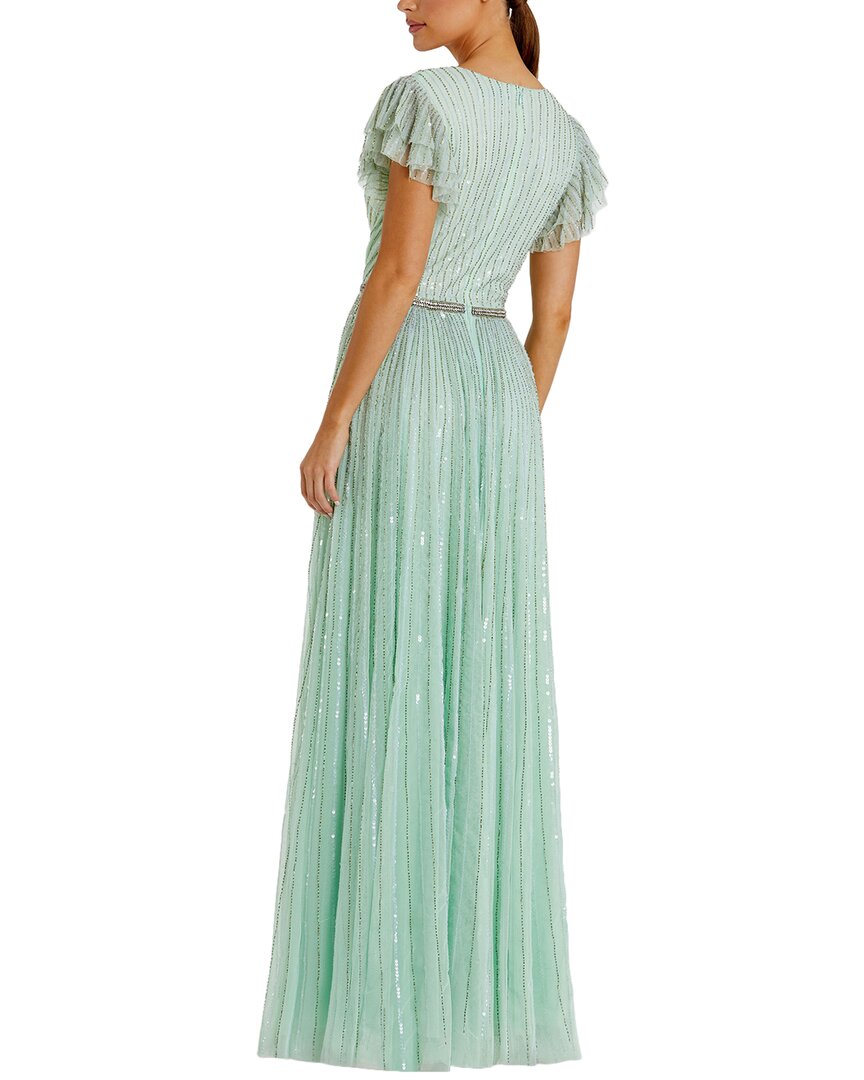 Mac Duggal Sequined Wrap Over Ruffled Cap Sleeve Gown