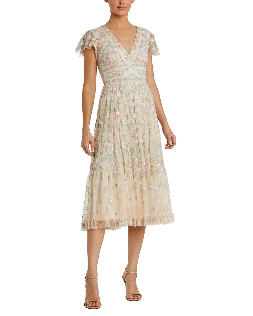 Mac Duggal Embroidered V Neck Cap Sleeve Midi Dress
