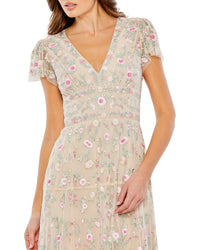 Mac Duggal Embroidered V Neck Cap Sleeve Midi Dress