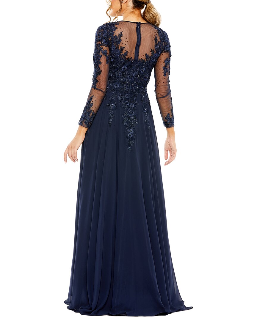 Mac Duggal High Neck Mesh Long Sleeve Embellished A Line Gown