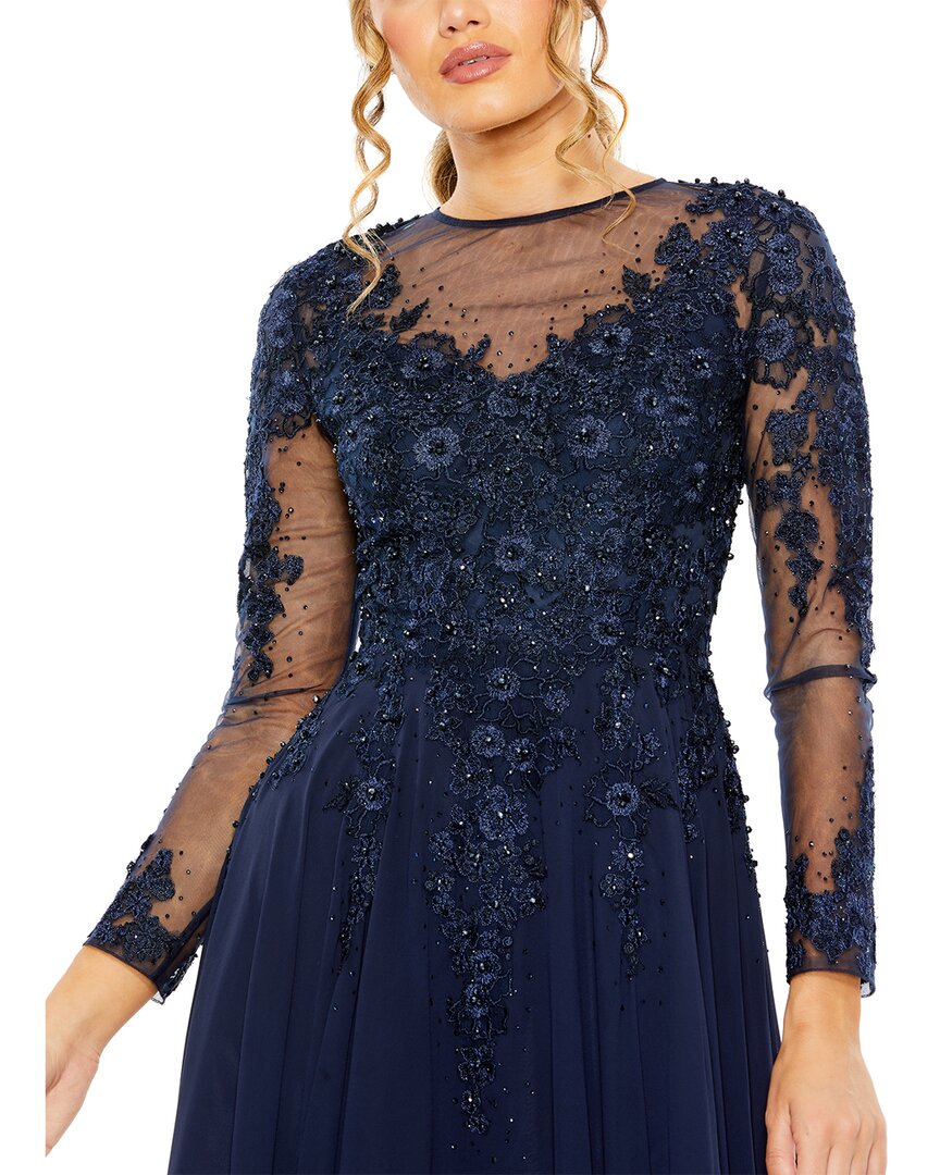 Mac Duggal High Neck Mesh Long Sleeve Embellished A Line Gown
