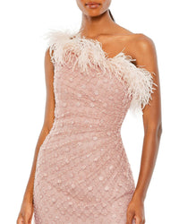 Mac Duggal Embellished One Shoulder Gown W/ Ostrich Feathers