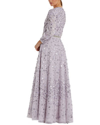 Mac Duggal Floral Beaded Mesh Puff Sleeve A Line Gown