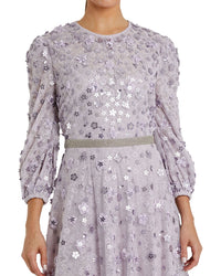 Mac Duggal Floral Beaded Mesh Puff Sleeve A Line Gown