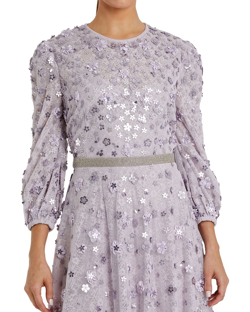 Mac Duggal Floral Beaded Mesh Puff Sleeve A Line Gown