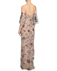 Marchesa Notte Off The Shoulder Beaded Illusion Column Dress