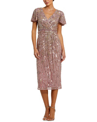 Mac Duggal Mac Duggal Sequin Mesh V Neck Flutter Sleeve Midi Dress