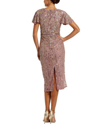 Mac Duggal Mac Duggal Sequin Mesh V Neck Flutter Sleeve Midi Dress