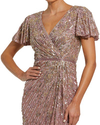 Mac Duggal Mac Duggal Sequin Mesh V Neck Flutter Sleeve Midi Dress