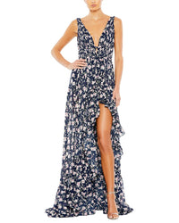 Mac Duggal Floral Print Sleeveless Ruffled High Low Gown