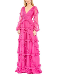 Mac Duggal Mac Duggal Cascaded Ruffle Puff Sleeve A Line Gown