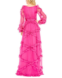 Mac Duggal Mac Duggal Cascaded Ruffle Puff Sleeve A Line Gown